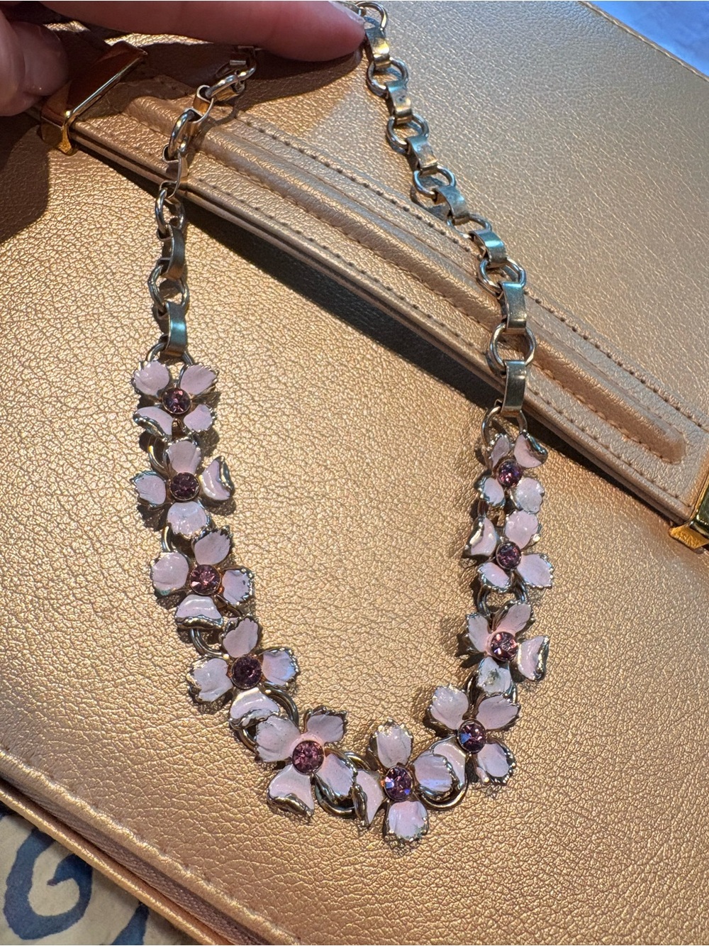 Antique Pink Dogwood Floral Amethyst Purple Crystal Statement Necklace Gold - Picture 6 of 6